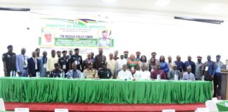 Seated L-R: ACG Yakubu Ibrahim (NSCDC); Head of Staff Welfare & Training (Police Service Commission), Ahmed Gimbia Muhammed; Representative of Corp Marshall, Olafemi Oladele (FRSC); Deputy Inspector General, (Intelligence), DIG Dasuki Galadachi; Minister of Police Affairs Senator Ibrahim Gaidam; Permanent Secretary (MPA), James Sule; Executive Secretary, Nigeria Police Trust Fund (NPTF), Mr. Muhammed Sheidu; Director of Information Technology Identity Database, Engr. Lanre Yusuf; Senior Special Assistant (Hon. Minister), Kuwata Goni, and other participants during a three-day workshop on Interagency Collaboration with the theme: Interagency Collaboration Among Law Enforcement Agencies in Nigeria held at the REIZ Continental Hotel, Central Business District, Abuja.