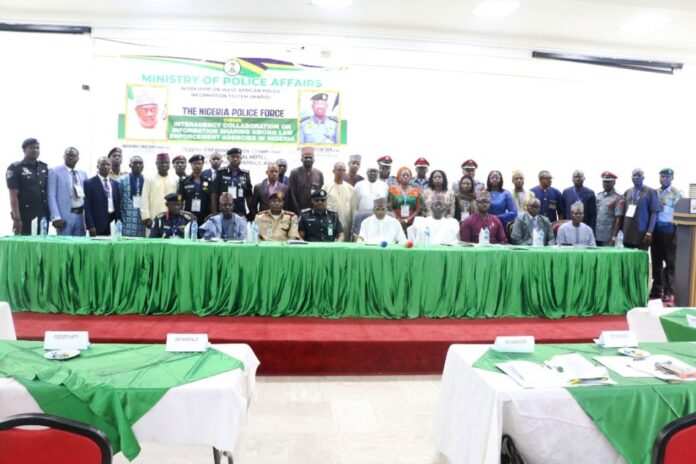 Seated L-R: ACG Yakubu Ibrahim (NSCDC); Head of Staff Welfare & Training (Police Service Commission), Ahmed Gimbia Muhammed; Representative of Corp Marshall, Olafemi Oladele (FRSC); Deputy Inspector General, (Intelligence), DIG Dasuki Galadachi; Minister of Police Affairs Senator Ibrahim Gaidam; Permanent Secretary (MPA), James Sule; Executive Secretary, Nigeria Police Trust Fund (NPTF), Mr. Muhammed Sheidu; Director of Information Technology Identity Database, Engr. Lanre Yusuf; Senior Special Assistant (Hon. Minister), Kuwata Goni, and other participants during a three-day workshop on Interagency Collaboration with the theme: Interagency Collaboration Among Law Enforcement Agencies in Nigeria held at the REIZ Continental Hotel, Central Business District, Abuja.