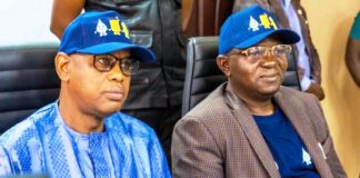 The Honourable Minister of Water Resources and Sanitation, Engr. Prof. Joseph Terlumun Utsev (R) and Honourable Minister of State, Federal Ministry of Water Resources and Sanitation, Rt. Hon. Bello Muhammad Goronyo Esq, (L), during the Press Briefing, today in Abuja.