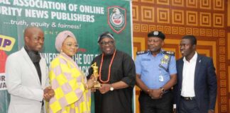 L-R: Matthew Ibadi, Minister of State for Police Affairs, Hajia Imaan Sulaiman Ibrahim, OVATION Boss, Dele Momodu; AIG Zone 2, AIG Adegoke Fayoade and President ((NAOSNP) Mr. Oki Samson during the National Association of Online Security News Publishers (NAOSNP) National Security Conference/ Awards 2024 With a theme: “Connecting the Dot Between Identity Tracking and National Security” at the Ballroom Oriental Hotel, Victoria Island, Lagos State, on Wednesday, October 9, 2024.