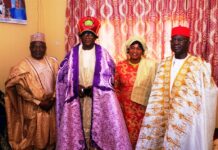 L-R: Brother of Celebrant Mr. Danladi Suleiman (Florida Based), His Royal Highness Luka Yakuwat Kogi and His Wife and Permanent Secretary, Ministry of Police Affairs, Mr. James Sule, Sardauna Kajju during the Royal Conferment on the Permanent Secretary by the Great Agwam Kajju II on Saturday, October 26, 2024, in Zonkwa, Zango Kataf Local Government Area, Kaduna State.