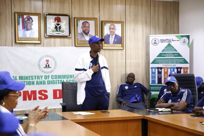 The Permanent Secretary Federal Ministry of Communications, Innovation and Digital Economy Engr. Faruk Yusuf Yabo during the maiden Ministerial Performance Management Strategy Review Session of the PMS Day in his Conference Room, on the 24th of October, 2024 in Abuja.