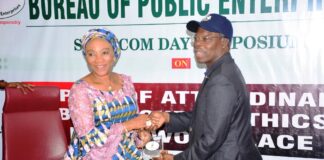 The National Coordinator/CEO SERVICOM Presidency, Mrs Nnenna Akajemili with the Director General, Bureau of Public Enterprises (BPE), Mr Ayodeji Ariyo Gbeleyi during the Symposium today.