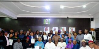 The Minister of Health and Social Welfare, Prof. Mohammed Ali Pate (C) and the representative of the Minister of Agriculture and Food Security, Director, Department of Planning and Policy Coordination, Mr Ibrahim Tanimu (Fifth from Left),during the launching of the New National Action Plan in Abuja.