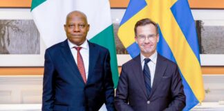 L-R Vice President Kashim Shettima and the Prime Minister of Sweden, H.E Ulf Hjalmar Kristersson during a Bilateral Meeting in Stockholm, Sweden on Friday, 18/10/2024.