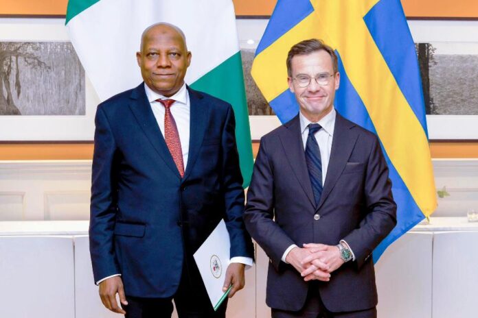 L-R Vice President Kashim Shettima and the Prime Minister of Sweden, H.E Ulf Hjalmar Kristersson during a Bilateral Meeting in Stockholm, Sweden on Friday, 18/10/2024.