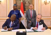 Nigeria’s Minister of Water Resources and Sanitation, Engr. Prof. Joseph Terlumun Utsev,(L) and Egypt’s Minister of Water Resources and Irrigation, Prof. Dr. Hani Sewilam,(R), signed a Memorandum of Understanding (MoU) to enhance cooperation in Water Resources Management.