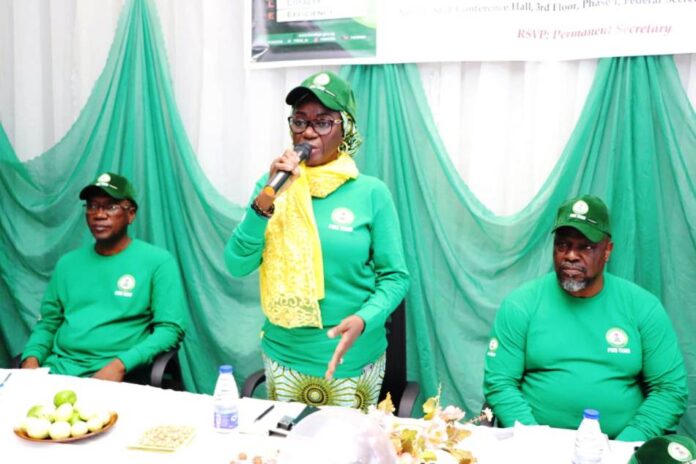 Permanent Secretary, Federal Ministry of Special Duties and Inter-governmental Affairs, Dr. Maryam Ismaila Keshinro, speaks at the PMS launch in Abuja. With her, providing full support is Director, PS Office, Dr. Abdul Garba (l) & Director, Policy Implementation and Monitoring of Government Decisions (PMIGD), Dr. Cyprian Kpakol (r)