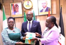 L-R: Dr. Uju Agomoh, President of Prisoners' Rehabilitation and Welfare Action (PRAWA); Dr. Olubunmi Tunji-Ojo, Hon. Minister of Interior and Dr. Magdalene Ajani, Permanent Secretary, Ministry of Interior during the submission of the phase one report of independent investigative panel on alleged corruption and other violations of SOP within NCoS