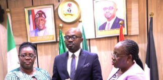 L-R: Dr. Uju Agomoh, President of Prisoners' Rehabilitation and Welfare Action (PRAWA); Dr. Olubunmi Tunji-Ojo, Hon. Minister of Interior and Dr. Magdalene Ajani, Permanent Secretary, Ministry of Interior during the submission of the phase one report of independent investigative panel on alleged corruption and other violations of SOP within NCoS