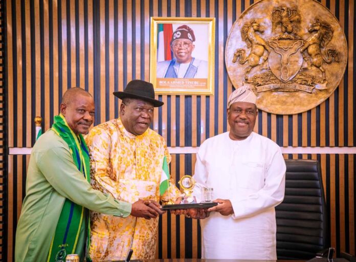 Secretary to the Government of the Federation, Sen. George Akume, fnim, CON, receives in audience a delegation of Conference of Alumni Association of Nigeria Universities (CAANU) led by its President, Prof. Yakubu Aboki Ochefu, on Wednesday, 9th October, 2024 in Abuja.