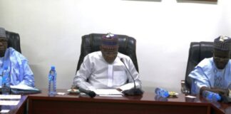 L-R: Chairman Police Service Commission, DIG Hashimu S. Argungu (RTD), Minister of Police Affairs, Ibrahim Gaidam, and Permanent Secretary, Mr. James Sule; during a stakeholders Meeting on Admission for Regular Course, 11 2024/2025 Academy Session of the Nigeria Police Academy held at the Headquarter of the Ministry of Police Affairs in Abuja.