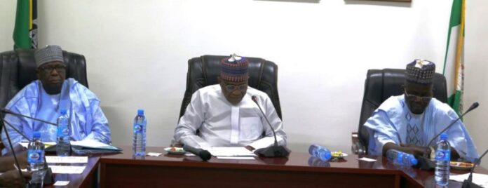 L-R: Chairman Police Service Commission, DIG Hashimu S. Argungu (RTD), Minister of Police Affairs, Ibrahim Gaidam, and Permanent Secretary, Mr. James Sule; during a stakeholders Meeting on Admission for Regular Course, 11 2024/2025 Academy Session of the Nigeria Police Academy held at the Headquarter of the Ministry of Police Affairs in Abuja.