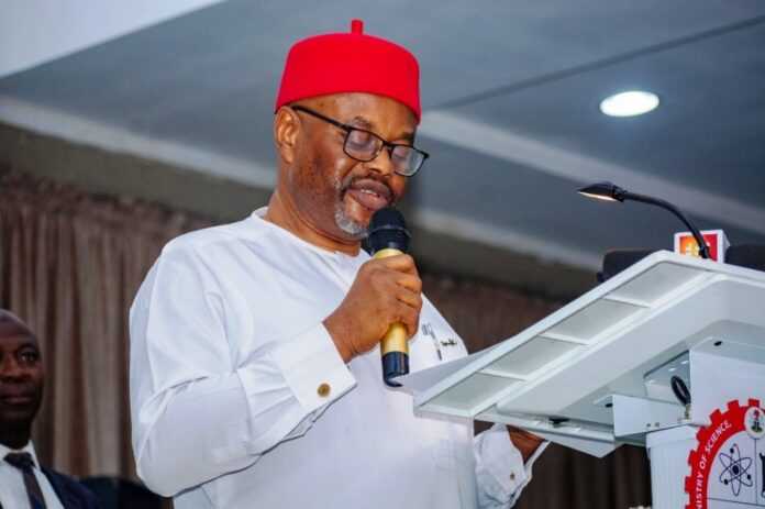 Hon. Minister of Innovation, Science and Technology, Chief Uche Geoffrey Nnaji, delivering his Opening Remarks at the RMRDC Programme Presentation and Dialogue Session with Development Partners, Diplomatic Communities and Business Councils 2024 Edition, held in Abuja.