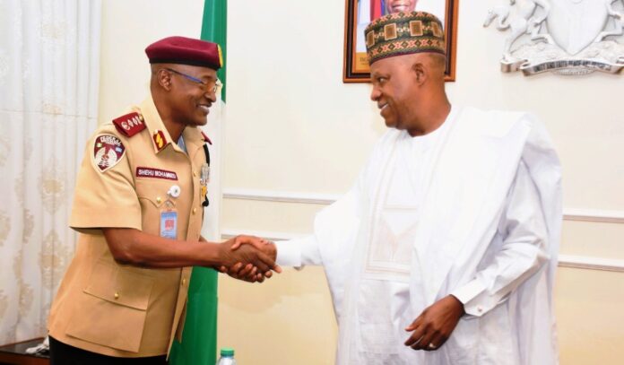 Vice President Kashim Shettima is with the Federal Road Safety Corps (FRSC) Corps Marshal, Shehu Mohammed