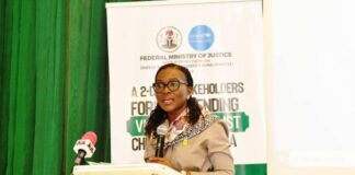 Solicitor General of the Federation and Permanent Secretary, Federal Ministry of Justice, Mrs. Beatrice Jedy-Agba, OON, mni, presenting Keynote Address at the opening session of a 2- day Stakeholders Forum on Ending Violence against Children in Nigeria at Abuja Continental Hotel. 7/10/2024