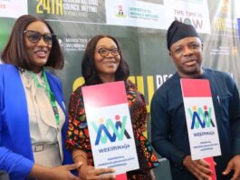 R-L: Ambassador Gabriel Aduda, Perm Sec, Federal Min of Women Affairs, Mrs. Blessing Anunike, Director, Economic Services Dept and Mrs. Rinmicit Temlong-Aboki, Gender Lead, Albright Stonebridge Group at the Policy Dialogue on the Domestication of the Women's Economic Empowerment Policy (WEE) held at the 24th National Council Meeting in Jos, Plateau State