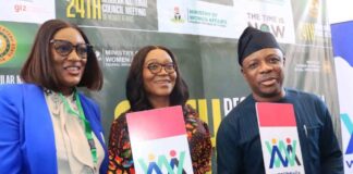 R-L: Ambassador Gabriel Aduda, Perm Sec, Federal Min of Women Affairs, Mrs. Blessing Anunike, Director, Economic Services Dept and Mrs. Rinmicit Temlong-Aboki, Gender Lead, Albright Stonebridge Group at the Policy Dialogue on the Domestication of the Women's Economic Empowerment Policy (WEE) held at the 24th National Council Meeting in Jos, Plateau State