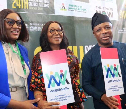 R-L: Ambassador Gabriel Aduda, Perm Sec, Federal Min of Women Affairs, Mrs. Blessing Anunike, Director, Economic Services Dept and Mrs. Rinmicit Temlong-Aboki, Gender Lead, Albright Stonebridge Group at the Policy Dialogue on the Domestication of the Women's Economic Empowerment Policy (WEE) held at the 24th National Council Meeting in Jos, Plateau State