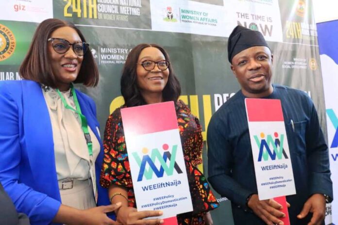 R-L: Ambassador Gabriel Aduda, Perm Sec, Federal Min of Women Affairs, Mrs. Blessing Anunike, Director, Economic Services Dept and Mrs. Rinmicit Temlong-Aboki, Gender Lead, Albright Stonebridge Group at the Policy Dialogue on the Domestication of the Women's Economic Empowerment Policy (WEE) held at the 24th National Council Meeting in Jos, Plateau State