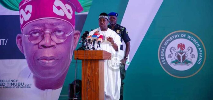 Representative of President Bola Ahmed Tinubu, Senator George Akume/Secretary to the Government of the Federation, addressing participants at the Women Fund-Raising Programme held at the Presidential Villa, Abuja