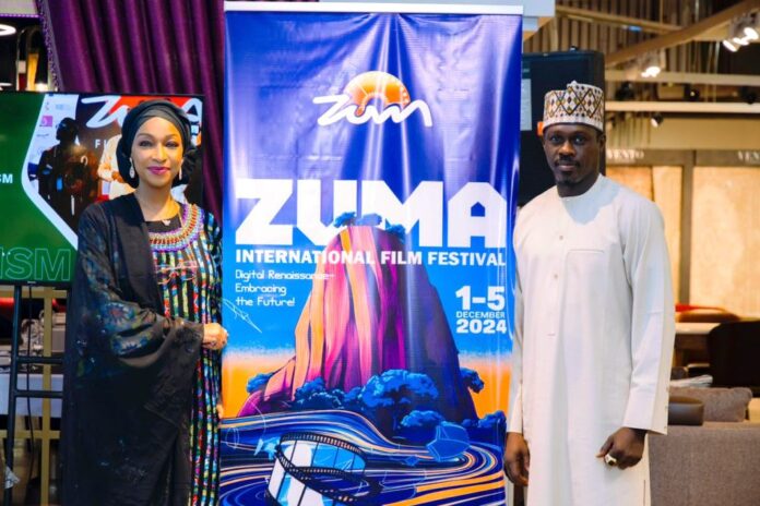 L-R: Hannatu Musa Musawa Minister of Art, Culture and Creative Economy and Managing Director of the Nigerian Film Corporation at the ZUMA International Film Festival Press conference to officially unveil the LOGO for 2024 Festival.