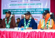 L- Hon Minister of Education, Prof Tahir Mamman OON SAN The Permanent Secretary Dr Nasir Sani- Gwarzo mni NPOM FWACP and the Director Technology and Science Education,Dr Mrs Muyibat Adenike Olodo during the closing ceremony of the maiden edition of the TVET Camp for Girls in the 29th FTSC,held at FSTC Uyo