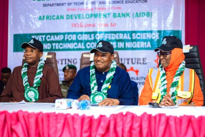 L- Hon Minister of Education, Prof Tahir Mamman OON SAN The Permanent Secretary Dr Nasir Sani- Gwarzo mni NPOM FWACP and the Director Technology and Science Education,Dr Mrs Muyibat Adenike Olodo during the closing ceremony of the maiden edition of the TVET Camp for Girls in the 29th FTSC,held at FSTC Uyo