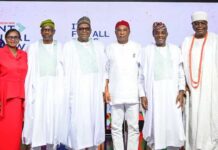 L-R: Permanent Secretary FMoH&SW, Kachollom Daju mni; Senator Banigo Ipalebo, Chairman Senate Committee on Health; Dr. Iziaq Adekunle Salako, Hon. Minister of State FMoH&SW; Coordinating Minister for Health & Social Welfare Prof. Muhammad Ali Pate; Chairman Progressive Governors & Executive Governor Imo State, Senator Hope Uzodinma; Dr. Tunji Alausa, Hon. Minister of Education & HRM (DR) Olufolarin Ogunsanwo, Alara of Ilara Kingdom, Epe Division, Lagos State: @ the Opening ceremony of the Joint Annual Review Conference/Meeting.