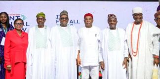 L-R: Permanent Secretary FMoH&SW, Kachollom Daju mni; Senator Banigo Ipalebo, Chairman Senate Committee on Health; Dr. Iziaq Adekunle Salako, Hon. Minister of State FMoH&SW; Coordinating Minister for Health & Social Welfare Prof. Muhammad Ali Pate; Chairman Progressive Governors & Executive Governor Imo State, Senator Hope Uzodinma; Dr. Tunji Alausa, Hon. Minister of Education & HRM (DR) Olufolarin Ogunsanwo, Alara of Ilara Kingdom, Epe Division, Lagos State: @ the Opening ceremony of the Joint Annual Review Conference/Meeting.