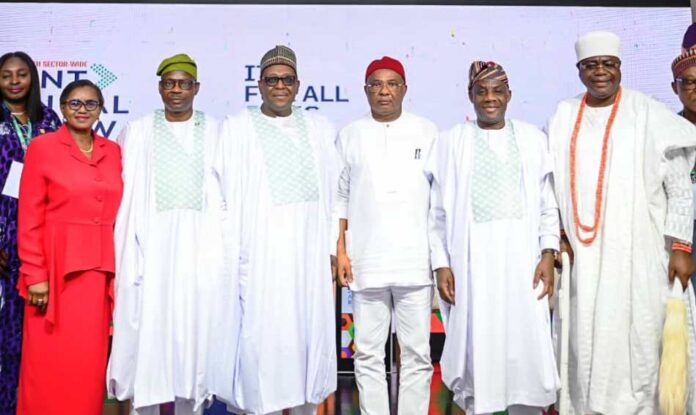 L-R: Permanent Secretary FMoH&SW, Kachollom Daju mni; Senator Banigo Ipalebo, Chairman Senate Committee on Health; Dr. Iziaq Adekunle Salako, Hon. Minister of State FMoH&SW; Coordinating Minister for Health & Social Welfare Prof. Muhammad Ali Pate; Chairman Progressive Governors & Executive Governor Imo State, Senator Hope Uzodinma; Dr. Tunji Alausa, Hon. Minister of Education & HRM (DR) Olufolarin Ogunsanwo, Alara of Ilara Kingdom, Epe Division, Lagos State: @ the Opening ceremony of the Joint Annual Review Conference/Meeting.