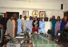 Minister of Labour and Employment, Muhammad Maigari Dingyadi (6th left); Minister of State for Labour and Employment, Nkeiruka Onyejeocha (7th left); Director Overseeing the Office of the Permanent Secretary, John Nyamali (5th left) and others during the Minister’s assumption of office formalities – Abuja