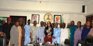 Minister of Labour and Employment, Muhammad Maigari Dingyadi (6th left); Minister of State for Labour and Employment, Nkeiruka Onyejeocha (7th left); Director Overseeing the Office of the Permanent Secretary, John Nyamali (5th left) and others during the Minister’s assumption of office formalities – Abuja