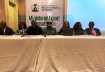 Dr Jumoke Oduwole MFR Hon Minister of Trade and Investment Federal Ministry of Industry Trade and investment flanked by Comptroller General of Customs and Ms Nonye AYENI (DG NEPC) at the FMITI STAKEHOLDERS FORUM on EXPORT. Sitted 3rd from left is the PS FMITI Amb Nura Abba Rimi