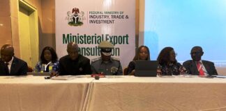 Dr Jumoke Oduwole MFR Hon Minister of Trade and Investment Federal Ministry of Industry Trade and investment flanked by Comptroller General of Customs and Ms Nonye AYENI (DG NEPC) at the FMITI STAKEHOLDERS FORUM on EXPORT. Sitted 3rd from left is the PS FMITI Amb Nura Abba Rimi