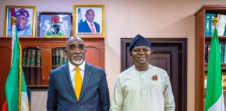 The Honourable Minister of Water Resources and Sanitation, Engr. Prof. Joseph Terlumun Utsev (R) and Mr. Kamar Bakrin, Executive Secretary of the Nigerian Sugar Development Council (L)during the Courtesy Visit today in Abuja