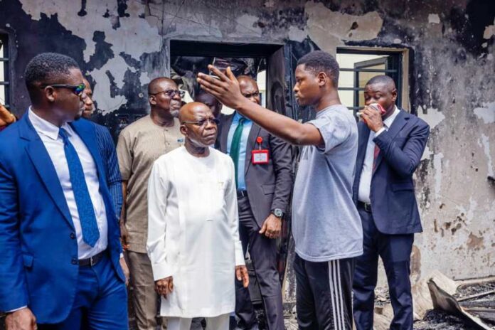 Governor Otti Visits Scene Of Burnt Enyimba FM, Assures Of Government Support To Help Them Return To Business