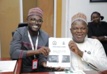 The Executive Secretary National Commission for Persons with Disabilities, Chief Ayuba Gufwan at Press time with the Country Director CBM Mr Abdulaziz Musa.