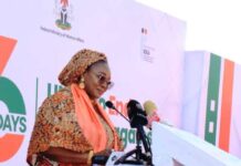 Honourable Minister of Women Affairs, Hajiya Imaan Sulaiman-Ibrahim, fsi, addressing participants at the Joint National Press Briefing and Flag Off Campaign on Elimination of GBV in the country