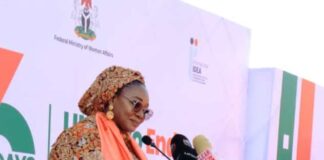 Honourable Minister of Women Affairs, Hajiya Imaan Sulaiman-Ibrahim, fsi, addressing participants at the Joint National Press Briefing and Flag Off Campaign on Elimination of GBV in the country