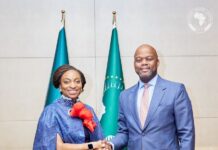 Dr Jumoke Oduwole, MFR Honourable Minister of Trade and Investment (left) with H.E. WAMKELE MENE Secretary-General of the AfCFTA Secretariat, at the 15TH meeting of the AfCFTA Council of Ministers responsible for Trade in ADDIS ABABA, ETHIOPIA 9 NOVEMBER, 2024