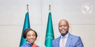 Dr Jumoke Oduwole, MFR Honourable Minister of Trade and Investment (left) with H.E. WAMKELE MENE Secretary-General of the AfCFTA Secretariat, at the 15TH meeting of the AfCFTA Council of Ministers responsible for Trade in ADDIS ABABA, ETHIOPIA 9 NOVEMBER, 2024