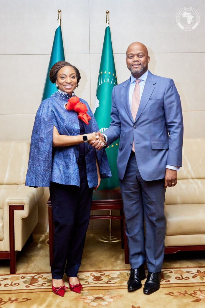 Dr Jumoke Oduwole, MFR Honourable Minister of Trade and Investment (left) with H.E. WAMKELE MENE Secretary-General of the AfCFTA Secretariat, at the 15TH meeting of the AfCFTA Council of Ministers responsible for Trade in ADDIS ABABA, ETHIOPIA 9 NOVEMBER, 2024