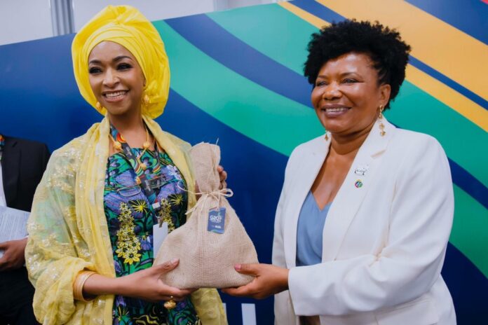 L-R: Hon. Minister of Art, Culture, Tourism and the Creative Economy Barr. Hannatu Musa Musawa Receiving a gift from Margareth Menezes the Minister of Culture Brazil at the close of G20 Ministers of Culture Meeting in Salvador, Brazil at the weekend