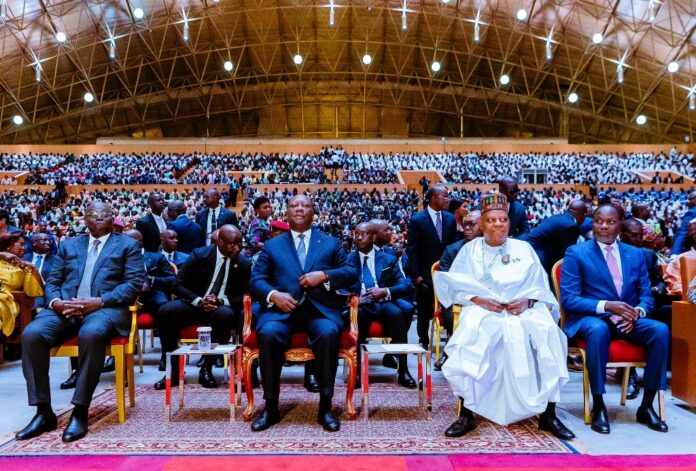 L-R: Vice President of Côte d'Ivoire, Tiémoko Meyliet Koné; President of Côte d'Ivoire Alassane Ouattara; Vice President of Nigeria, Kashim Shettima and Minister of Mines, Oil and Energy of Côte d'Ivoire, Mamadou Sangafowa-Coulibaly during the inaugural International Exhibition of Extractive and Energy Resources (Salon International des Resources Extractives et Energétiques – SIREXE) in Abidjan, Côte d’Ivoire on Wednesday, 27th November,2024.