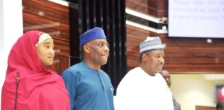 The Honourable Minister of Education Dr Morufu Olatunju Alausa and Dr Suwaiba Ahmad Minister of State for Education Dr Suwaiba Ahmad and the Permanent Secretary of Education Dr Nasir Sani- Gwarzo mni at the Inaugural Press Briefing held in the Ministry headquarters