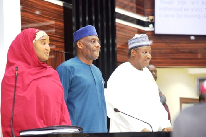 The Honourable Minister of Education Dr Morufu Olatunju Alausa and Dr Suwaiba Ahmad Minister of State for Education Dr Suwaiba Ahmad and the Permanent Secretary of Education Dr Nasir Sani- Gwarzo mni at the Inaugural Press Briefing held in the Ministry headquarters