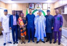 L-R: Special Assistant to the Minister of Information and National Orientation, Mr. Rabiu Ibrahim; General Manager, Northern Operations of Guardian Newspapers, Chuks Nwanne, Acting Permanent Secretary, Federal Ministry of Information and National Orientation, Mrs. Comfort Ajiboye; Chief Executive Officer of Guardian, Mr. Toke Ibru, Minister of Information and National Orientation, Mohammed Idris; Editorial Board Member, Martin Oloja and the Editor of Guardian, Oluwafemi Adekoya during a courtesy visit to the Minister in his office on Thursday