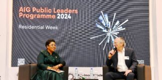 Head of the Civil Service of the Federation, Mrs. Didi Esther Walson-Jack, OON, mni, answering questions from the moderator, Christopher Stone, Programme Co-chair, Blavatnik School during the AIG Public Leaders Programme, held, Tuesday, 19th November, 2024 in Abuja.