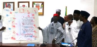 L-R: Director of Police Services Department, Ibrahim Muhammed, Retired Permanent Secretary, Mr. James Sule; Director of Finance and Accounts, Okehie Isaac Tochukwu; Director Overseeing Perm Sec Office, Yusuf Abubakar Argungu; Director (Reforms and Innovation Coordination), Dr. Ogbu Fabian Ejiofor; Director of Police Inspectorate Department, Mrs. Bola Blessing Aderele; Head (Information & Public Relations), Bolaji O. Kazeem and Deputy Director, Human Resource Management, Amos James during the send-forth ceremony organized by the Ministry for the retired Permanent Secretary held at the Headquarters of the Ministry in Abuja.